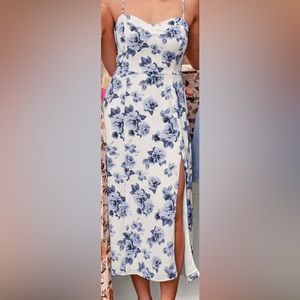 Abercrombie & Fitch White Floral Faux Silk High-Slit Midaxi Dress